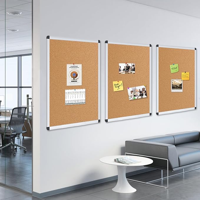 VIZ-PRO Cork Notice Board, 48 X 24 Inches, 3 Pack, Silver Aluminium Frame