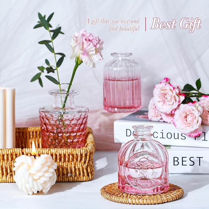 Valentine's Day Glass Pink Bud Vases Set of 12, Mini Flower Valentine Vase for Centerpieces, Small Vases in Bulk for Wedding Decorations, Vintage Vase for Table, Home Décor