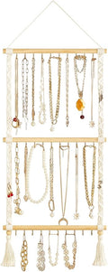 Dahey Hanging Jewelry Organizer Macrame Necklace Holder with 30 Hooks Wall Mounted Jewelry Hanger Over Door Necklace Rack with Tassel for Necklace Bracelet Earring Headband Bow Organizer