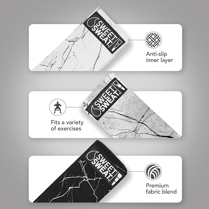 Sweet Sweat Hip Bands with 3 Levels of Resistance | Non-Slip Fabric Booty Bands for Squats & Lunges | Includes Free Mesh Carrying Bag