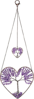 Jovivi Tree of Life Feng Shui Crystal Heart Hanging Ornament Amethyst Gemstones Healing Stones Yoga Meditation Window Wall Hanger for Home Wedding Decor