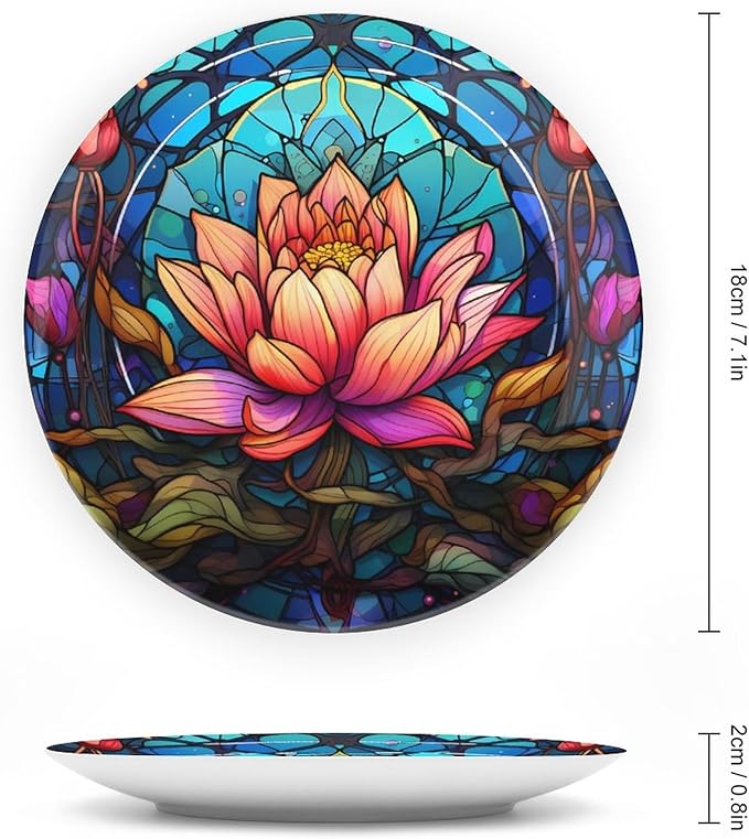 Stained Glass Design Gothic Mandala Lotus Decorative Plates Home Decor Ceramic Plates, Dinner Plates Display for Living Room, Kitchen, Hallway Console Side Table, Presents for Lotus Lover, 7 Inch
