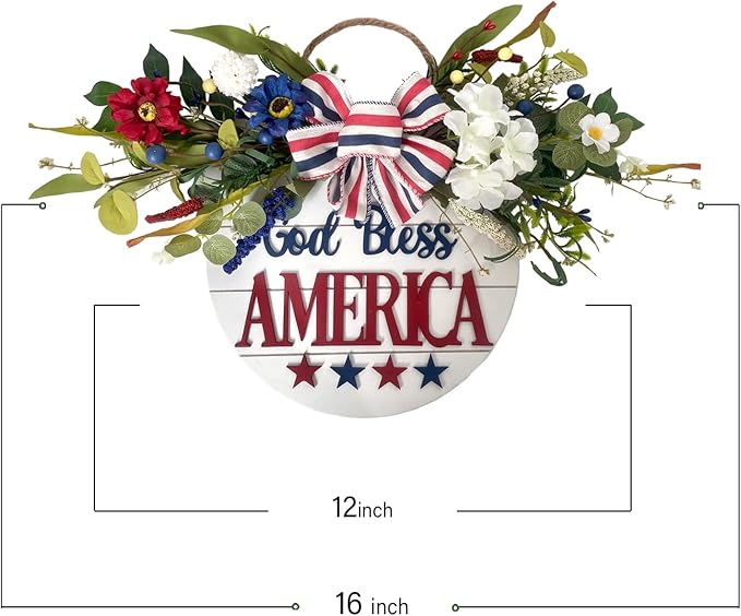 Idyllic God Bless America Sign 4th of July Wreath Patriotic Wreath for Front Door, 16" Red White and Blue Flower Wooden Sign for Memorial Day Independence Day Decoration