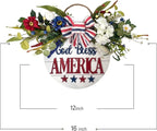 Idyllic God Bless America Sign 4th of July Wreath Patriotic Wreath for Front Door, 16" Red White and Blue Flower Wooden Sign for Memorial Day Independence Day Decoration