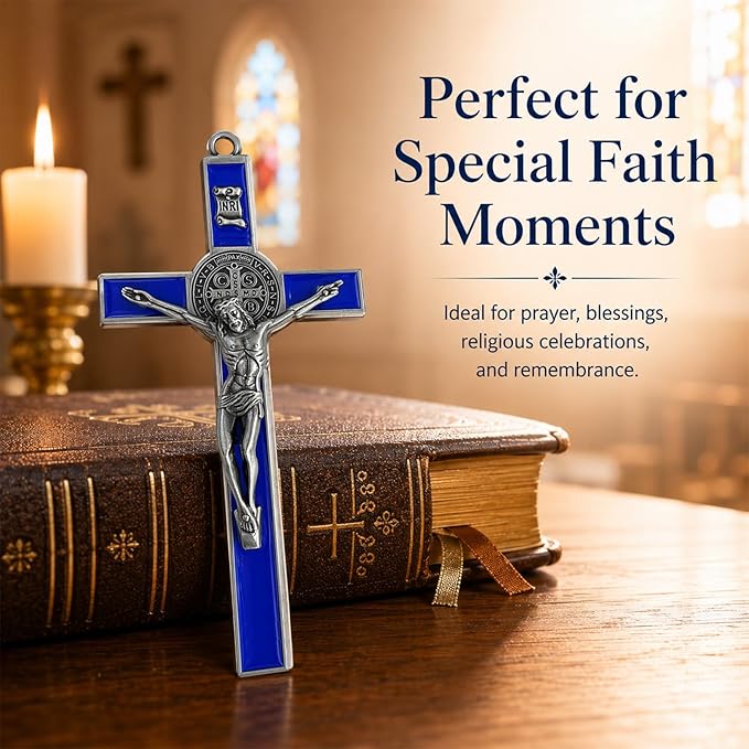 TALPGOD St Benedict Crucifix Silver Blue 7.2 Inch,Crucifix Wall Cross for Catholic Decor,Jesus Christ Hanging Cross Wall Art Decor,Escapularios Catolicos,Saint Benedict Medal for Home Decoration
