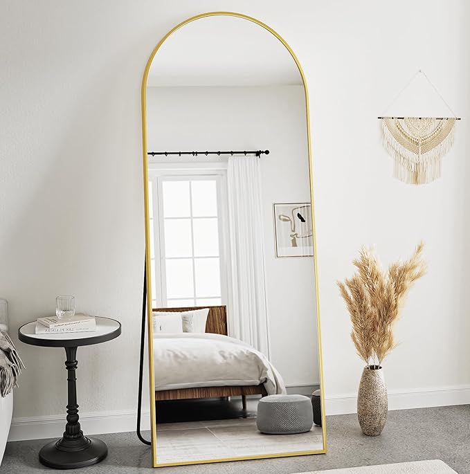 Prywot Arched Floor Mirror, 58 "x 18" Full Length Mirror Wall Mirrors Hanging or Leaning Arched-Top Full Body Mirrors with Stand for Bedroom, Dressing Room, Gold