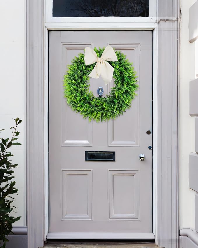 DDHS Large Boxwood Wreath Front Door 24'' Artificial Spring Wreaths for Front Door Farmhouse Wedding Green Year Round Indoor Outdoor for Summer Wreath st Patrick's Day Decoration -(Hello Sign)