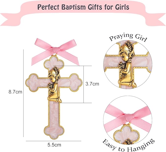 KOMI Baptism Gifts for Girls Pink Enamel Baby Wall Cross Christening Gifts Praying Girl Cross Christening and Dedication Baptismal Gifts from Godmother