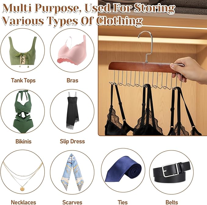 4 PCS Bra Hangers for Closet Organizer, Tank Top Hanger with 32 Hooks Tie Rack Belt Hanger Belts Rack Ties Holder 360° Rotatable Neck Tie Organizer Belt Holder for Ties, Scarves