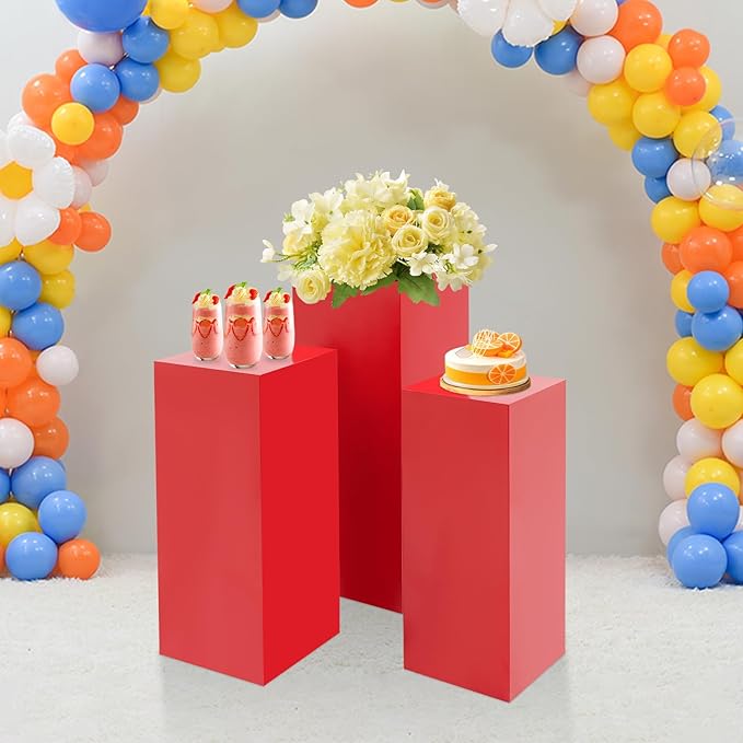 3Pcs Square Display Pedestal Stands Set for Party, Metal Display Stand Plinth Pillars, Cake Stands Pillars for Wedding Birthday Art Decor Risers, 11.8*31.5" (L), 11.02*25.6" (M), 10.24*23.6" (S)