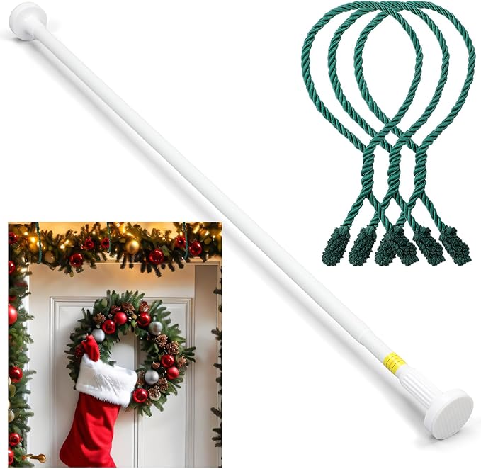 Leinuosen Christmas Front Door Garland Hanger 43-74 Inch Adjustable Christmas Wreath Hanger Stainless Steel Retractable Rod with 3 Green Tie Ropes No Nail Screw No Damage for Xmas DIY Hanging (White)