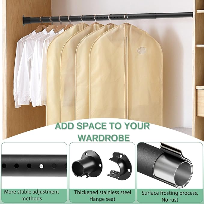 Closet Rods for Hanging Clothes, 1.3 Inch Diameter Heavy Duty Closet Rod 17-87 Inch Adjustable Clothes Hanging Bar Metal Black Shower Curtain Rods for Closet, Wardrobes, Bathroom, Windows