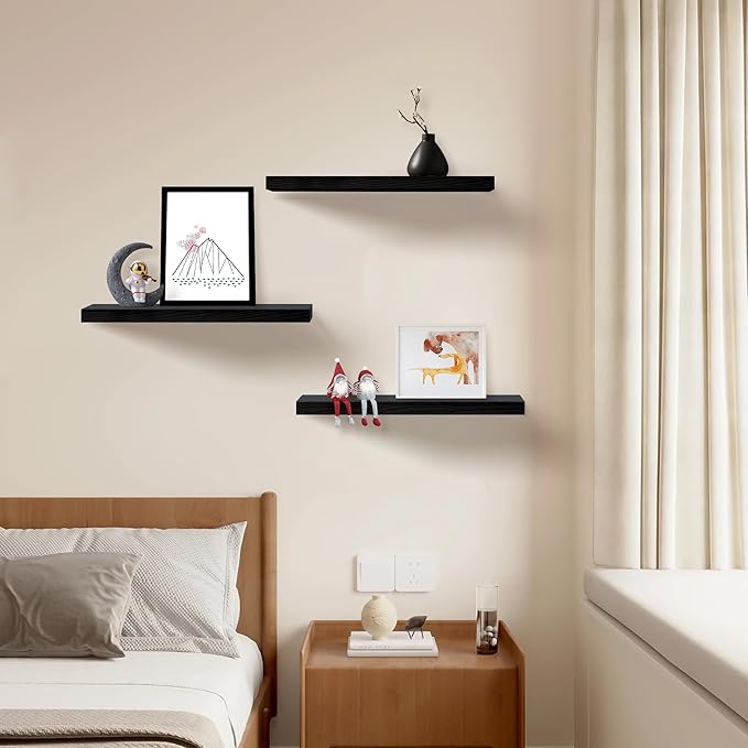 Upassion Floating Shelves for Wall Set of 3, 36" Black Wall Shelves for Home Decor, Frame Display Black Floating Shelf for Living Room, Bedroom, Bathroom, Kitchen