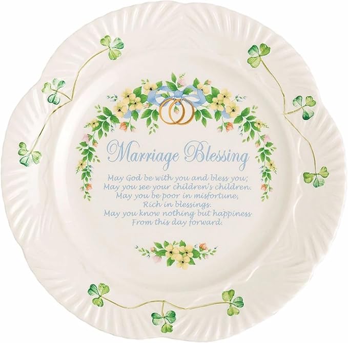 Belleek Classic Marriage Blessing 8.8-Inch Decorative Plate, Handcrafted Parian China Shamrock Irish Decor, White