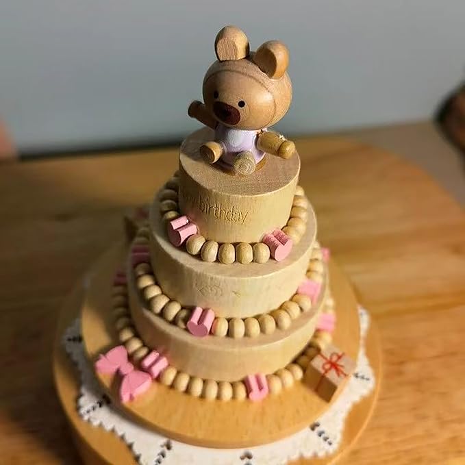 Natural Solid Wood Handcrafted Beech Wooden, Musical FigureTotoro/Carousel/Fairy/Ballerina Figurine,Rotating Hand Crank Mechanism Music Box,Musical Decorations (Cute Little Bear's Birthday Cake)