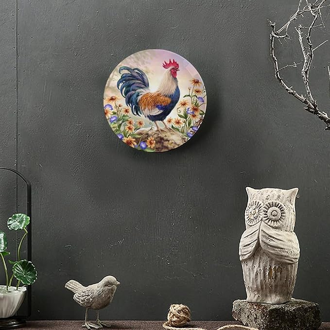 Rooster Decorative Plate Stand, 8inch, Rooster on Stone Round Display Plate, Home Wobble-Plate with Display Stand, for Kitchen Party Coffee Table Decor Art