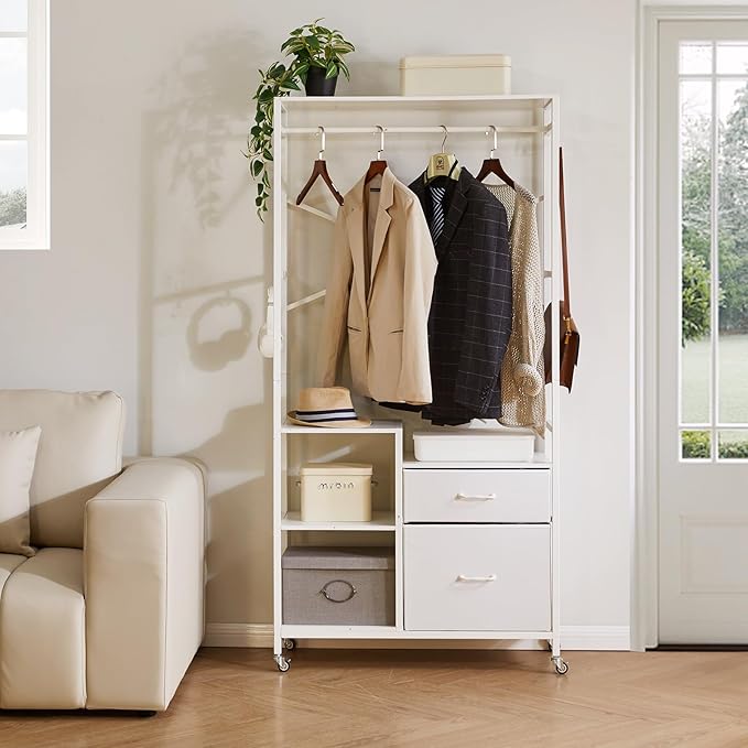 Clothes Rack for Hanging Clothes, 2 Drawers, Heavy Duty Garment Racks with Shelves, Clothes Rack with Hanging Hooks, White YD-TM080W