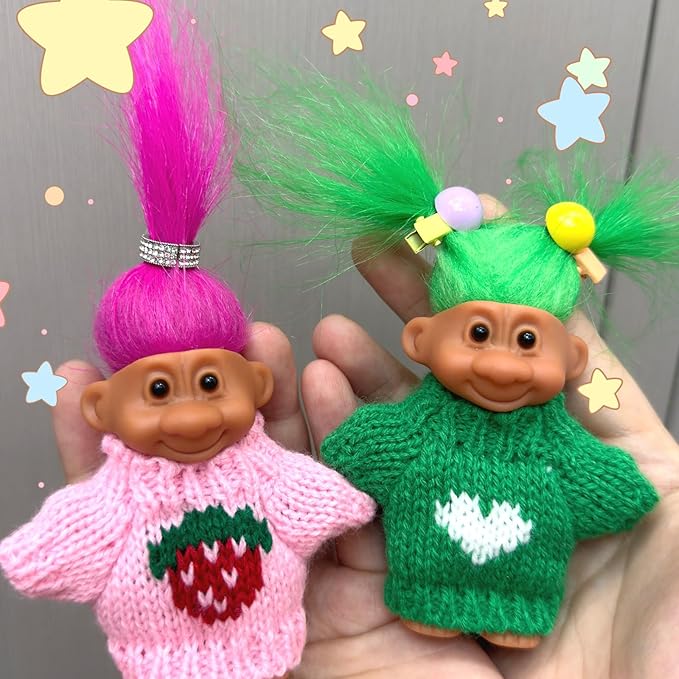Retro Vintage Lucky Troll Dolls Assorted Hair Colors Chromatic Adorable for Collections, School Project, Arts and Crafts, Party Favors (Pink)