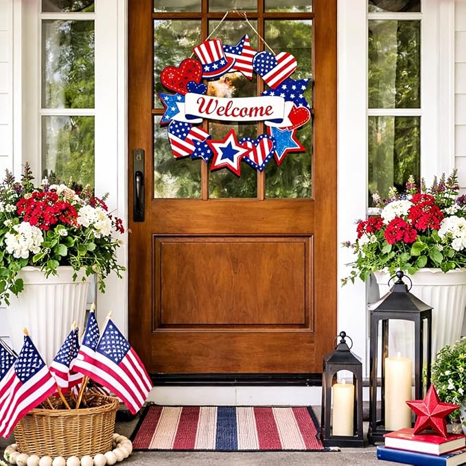 Wooden 4th of July Decorations Patriotic Wreaths for Front Door Independence Day Decorations Star Sign Welcome Memorial Day Hanging for Home Wall Decor Outdoor Indoor Red White and Blue Wreath
