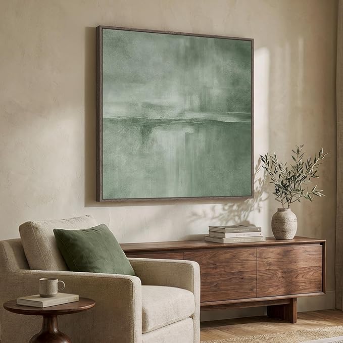Large Framed Green Abstract Wall Art, Modern Minimalist Sage Green Canvas Prints Artwork for Walls, Contemporary Square Pictures for Living Room Bedroom Dining Room Hallway Office Wall Decor, 36x36 In
