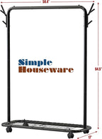 Simple Houseware Industrial Style Garment Rack with Wheels and Hooks, Black