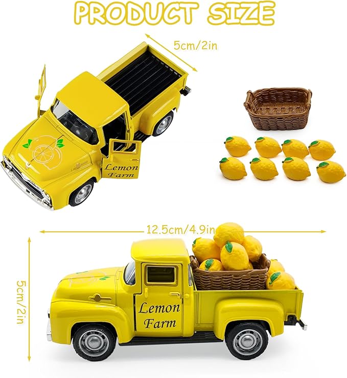 Lemon Truck Decor, Farmhouse Yellow Pickup Truck with Lemons, Tiered Tray Tabletop Decoration, Summer Lemon Kitchen Shelf Decor, Rustic Vintage Home Accent