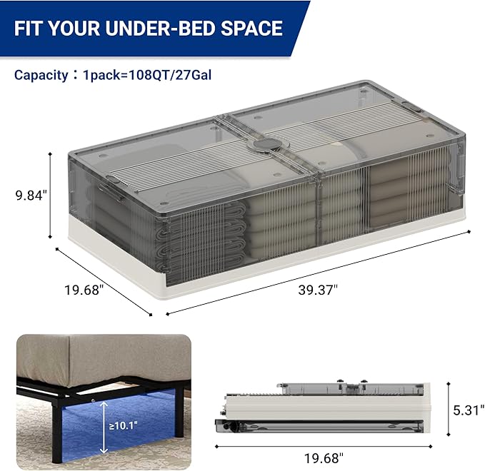 FLEXIMOUNTS 3-Pack Under Bed Storage with Wheels, 108 QT Large Collapsible & Stackable Containers, Foldable Organizer Bins for Blankets, Shoes, Books, Bedroom Closet