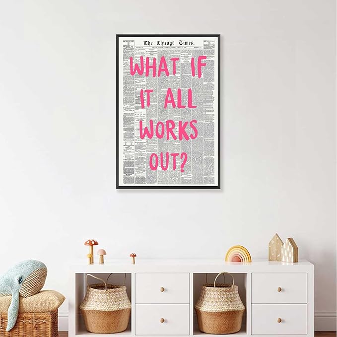 What If It All Works Out Poster Retro Newspaper Pink Font Canvas Wall Art Positive Affirming Quote Minimalist Prints Painting For Home Bedroom Dorm Wall Decor 24x36in Framed