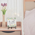 Inspirational Christian Desk Decor, Be Still And Know That I Am God Wildflower Sign, Desk Decorations For Office Home Living Room Bathroom, Eucalyptus Shelf Decor, Wooden Plaque With Stand (08)