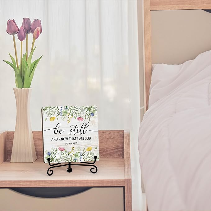 Inspirational Christian Desk Decor, Be Still And Know That I Am God Wildflower Sign, Desk Decorations For Office Home Living Room Bathroom, Eucalyptus Shelf Decor, Wooden Plaque With Stand (08)