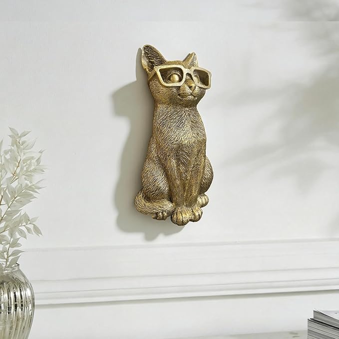 GUSFREUD Gold Animal Heads Sculptures Wall Art - Resin Faux Cat for Home Wall Decor, Cat Wall Hanging Decoration for Living Room, Bedroom & Kitchen, Unique Gift Idea