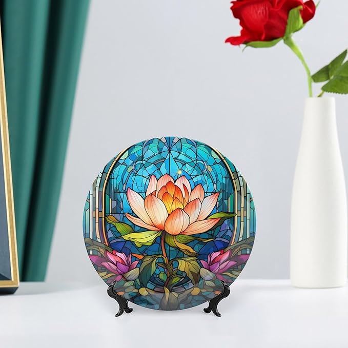 Decorative Plates for Wall Hanging, Water Lily Blue Stained Glass Print Ceramic Plate w/Display Stand, Home Decor for Kitchen Cabinets, Farmhouse Round Tray 6 Inch, Gift for Lotus Lover