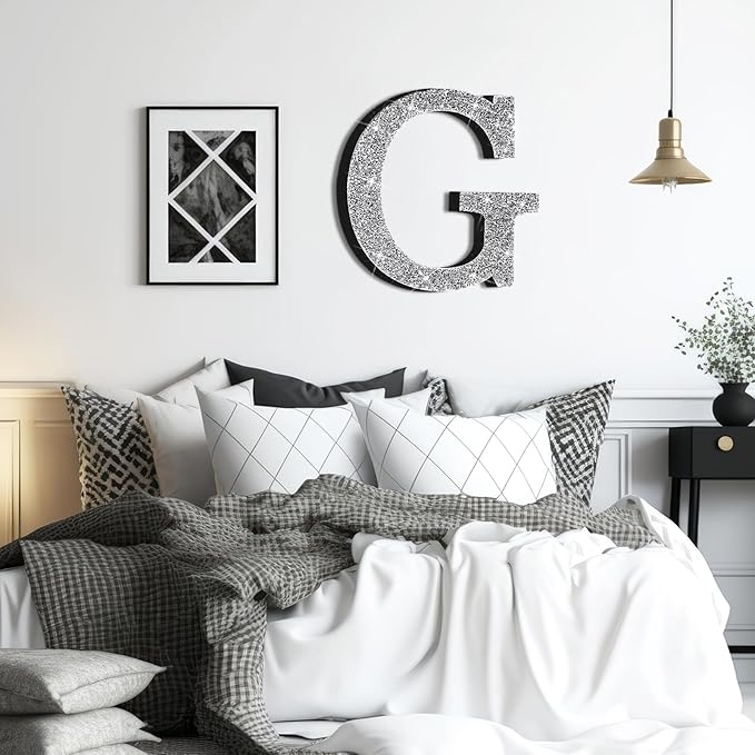 Qunclay 12'' Silver Crystal Diamond Bling Letters Crushed Diamond Decoration Wooden Glitter Letter with Screw and Hooks Rhinestone Gift for Wedding Y2k Mcbling Bedroom Wall Decor (Letter G)