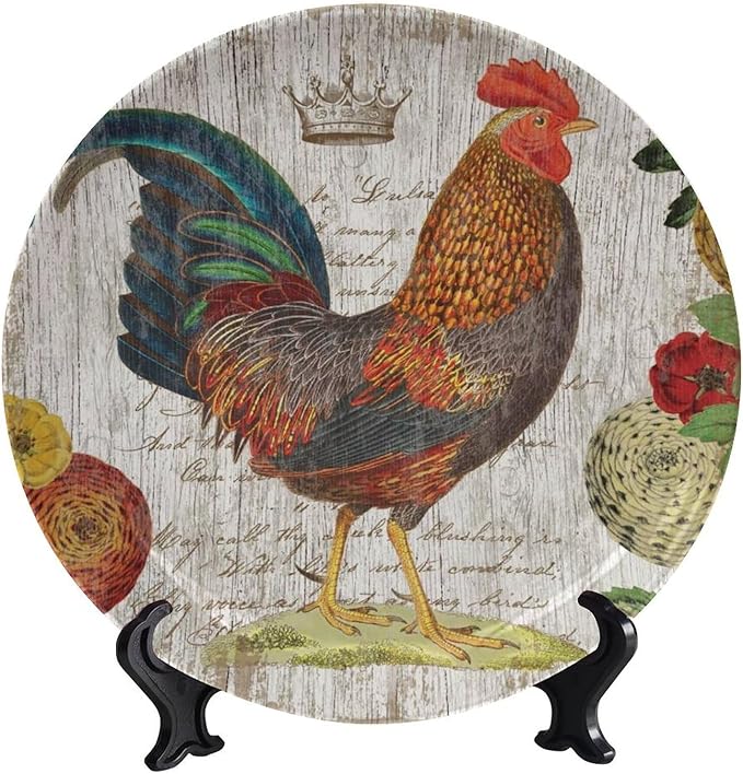 Rooster Decorative Ceramic Plates, 8 Inch, Crown Chicken In Flowers Round Display Plate, Decorative Plates with Stand, for Home Kitchen Bedroom Decorative Ornaments