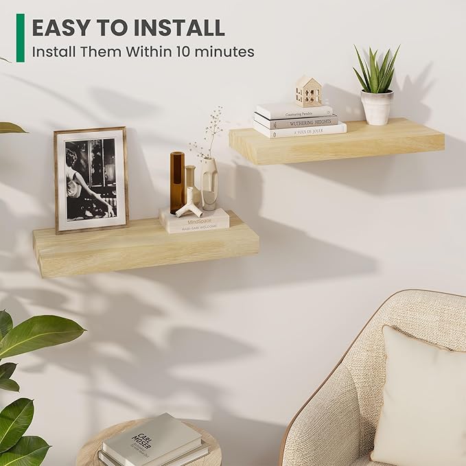 Wood Floating Shelves For Wall, 24”W x 9”D x 1.56”H Deep Wood Wall Shelves for Living Room Bedroom Bathroom Kitchen Drcor Storage with Invisible Heavy-Duty Metal Bracket, Natural Finish, Set of 2