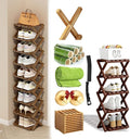 Foldable Shoe Rack, 2-9 Tier No-Tool Assembly Bamboo Organizer with Anti-Wobble X-Design for Small Spaces, Sturdy Vertical Storage Shelf for Entryway, Closet, Apartment & Dorm (Brown,5 Layers)