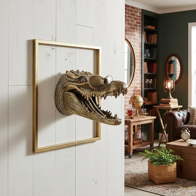 JJALIGHTS Exquisite Resin Animal Head Wall Sculpture (Gift Metal Frame) - Imitation Copper Vintage Decor for Living Room, Bedroom & Office | Decorative Wall Hanging Art (Alligator)