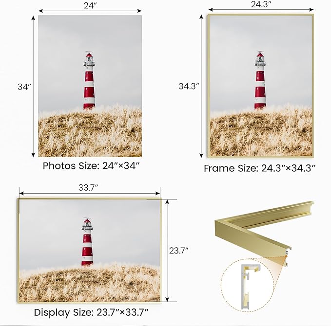 24x34 Aluminum Metal Picture Frame,Tempered Glass Gold Photo Frame 24x34 for Family Photo,Posters,Art,Document to Wall Mount Horizontally or Vertically