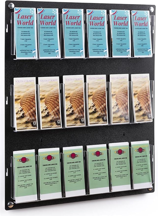Displays2go Wall Mount Acrylic Brochure Holder, 9-18 Adjustable Pockets, Tiered Design - Black (2RP9BLK)