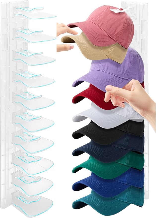 Hat Racks for Baseball Caps,Hats Rack Organizer Hold Up to 20 Hats,Hat Organizer for Baseball Caps Hat Holder Storage Display Adhesive/Wall Drilled for Wall,Door,Closet,Hat Racks for wall (1PK, Clear)