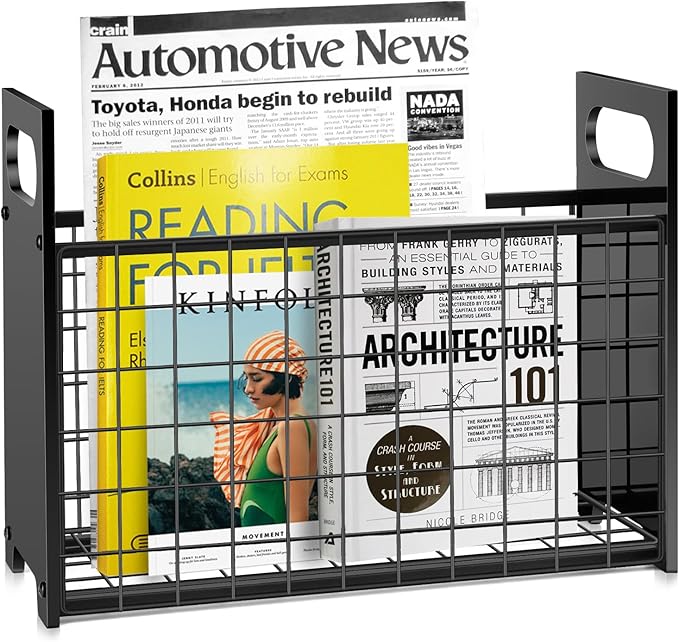 Magazine Rack, Magazine Holder for Desktop and Home Office, Magazine Basket Decorative Books Organizer Farmhouse File Storage Basket for Magazines, Books, Newspapers, Tablets, Black