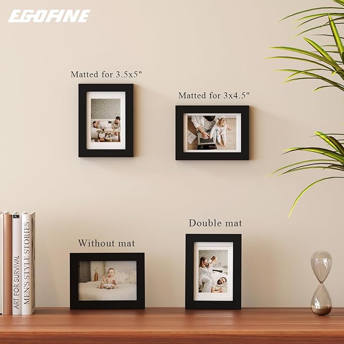 Egofine 4x6 Picture Frames Set of 4, Made of Solid Wood Covered by Plexiglass 3x4.5 and 3.5x5 with Mat or 4x6 without Mat, for Table Top Display and Wall Mounting Photo Frame Black