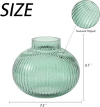 Green Glass Vase for Tulips, Ribbed Glass Vase for Flowers, Round Flower Vases, Small Short Vases for Living Room, Office, Coffee Table, Shelf, Wedding, 6 Inches