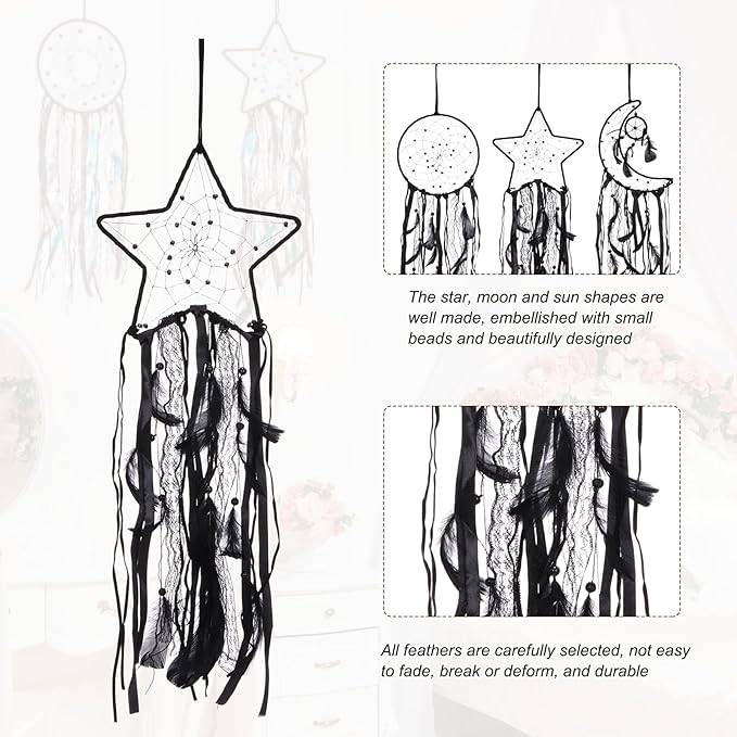 PATIKIL 28" Moon Sun Star Dream Catchers Set, Feather Handmade Dream Catchers Wall Hangings Art Decor for Home Wedding Bedroom Living Room Ornament,Black