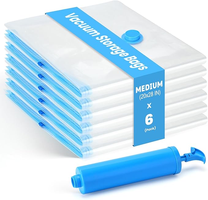 6Pack Thickened Space Saver Vacuum Storage Bags Medium for Clothes with Hand Pump, Vacuum Sealed Bags for Clothing, Comforters and Blankets