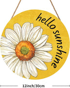 Spring Summer Daisy Flower Front Door Sign Hello Sunshine Floral Wood Door Hanger Outdoor Outside Porch Decor Seasonal Wooden Wreath Farmhouse Indoor Wall Hanging Decoration for House 12"x12"