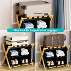 Natural Bamboo Luggage Rack with 4 Storage Compartments ，Foldable Suitcase Stand, Luggage Rack for Guest Room , 150lbs Capacity, Sturdy,