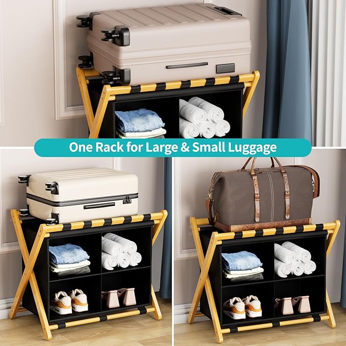 Natural Bamboo Luggage Rack with 4 Storage Compartments ，Foldable Suitcase Stand, Luggage Rack for Guest Room , 150lbs Capacity, Sturdy,