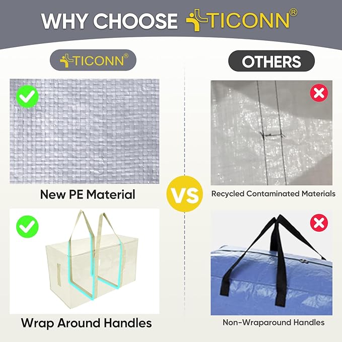 TICONN 8 Pack Extra Large Moving Bags Heavy Duty with Zippers & Carrying Handles, Durable Storage Bags Moving Boxes for Closet Organizers and Storage (8 Pack, Cream)
