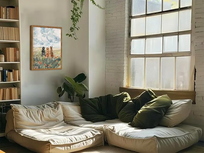 Framed Dog Canvas Wall Art, Cute Three Dogs in Flower Field Pictures Wall Decor, Rustic Farmhouse Animal Nature Paintings Prints Home Decor for Living Room Bedroom Bathroom 16x24 inch